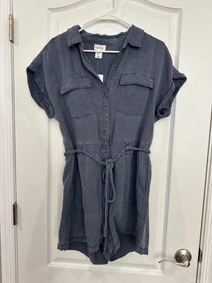 NWT Large Nicole Miller Blue Linen Blend Braided Rope Romper Size S - Image 1 of 2