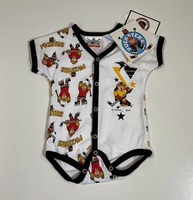Vintage Pittsburgh Penguins Baby One Piece NHL Pucksters Novo com etiquetas 3-6 Meses Anos 90 - Imagem 1 de 4