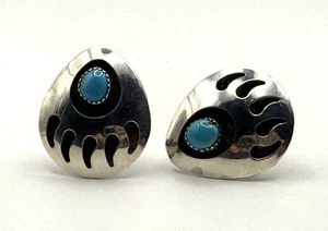 Sterling Bear Claw Clip On Earrings W/ Turquoise - Picture 1 of 5