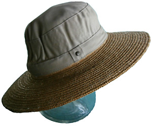 Liz Claiborne Sun Hat Wide Brim Straw Canvas Cotton Cloth Combo Medium 22.5 Beig