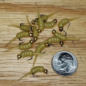 12 #14 Stinger BH Rubber Wax Worm Grub GLD Amber Wet Fly Forelle, Crappie, Panfish - Bild 1 von 1