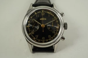 ANGELUS 215 STEEL CHRONOGRAPH ORIGINAL BLACK GILT DIAL 38 MM DATES 1950'S - Picture 1 of 12