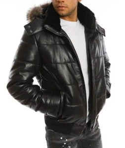 New Men's Dawn Puffer Jacket Fur Hoodie Jacket Warm Lambskin Leather Jacket - Picture 1 of 7