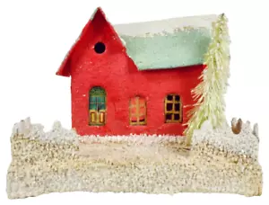 Christmas Putz House Coral Green Roof Glitter Fence Bottle Brush Tree #1225 - Picture 1 of 8