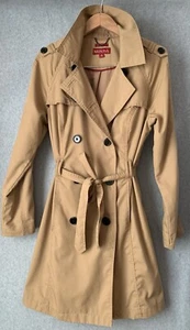 Merona Womens Sz M Camel Trench Coat Pockets Long Sleeve Collared Lined Casual - Picture 1 of 9