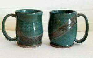Set of 2 Studio Pottery Coffee Mugs Teal Green and Gray Artist Signed PHP - Picture 1 of 10