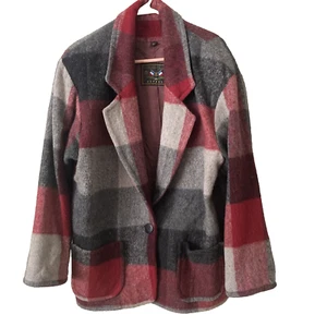 Express French Country Wool Jacket Plaid Oversized Sz L/XL Red Black Grey - Picture 1 of 10