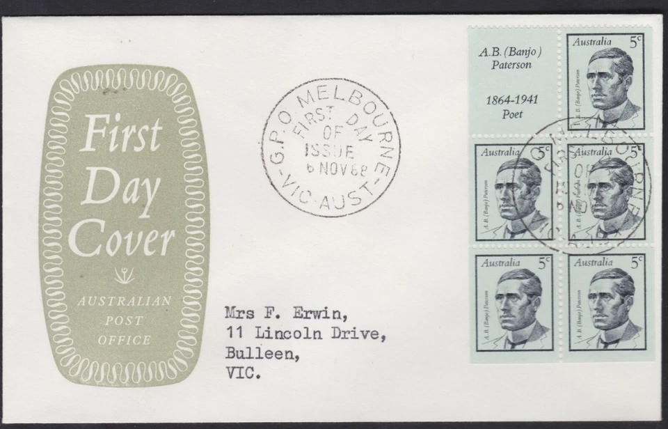 1968 5c Famous Australian A.B. Banjo Paterson Booklet on Small APO Shield FDC - Image 1 of 1