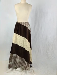 1970 Chessa Davis Maxi Skirt wBelt Quilted Patchwork Brown Velvet Lace Hippie - Picture 1 of 12