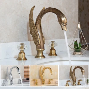 Swan Design Bathroom Sink Tap 3 Hole Deck Mounted Basin Mixer Vintage Faucet Set - Picture 1 of 36