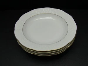 4 HEREND Feher Basketweave Scalloped WHITE Large Rimmed Soup Bowls W/Gold Rim - Picture 1 of 5