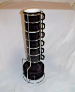 Set of 6 Black/White Stackable Espresso 3oz Cups + Saucers & Rack MUGAHOLICS - Picture 1 of 4