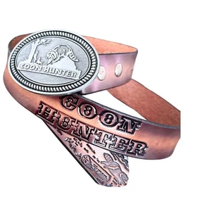 Hunter Leather Belt Tooled Dog Raccoon Hunting Buckle Western Cowboy EUC 38-41 - Picture 1 of 15