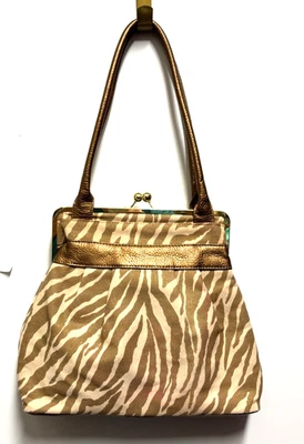 Bolso de mano Bueno dorado con estampado de cebra con bloqueo de beso 11" x 14" Foto 1 de 4