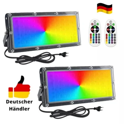 2x 50W LED Fluter RGB Außen Farbig Strahler mit Fernbedienung Dimmbar Garten DE - Bild 1 von 4