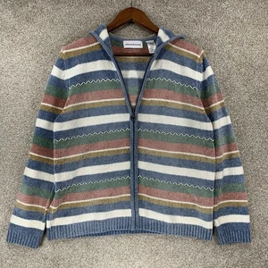 VTG Alfred Dunner Soft Knit Jacket S Striped Blue Pink Hood Cottage Core Granny - Picture 1 of 5