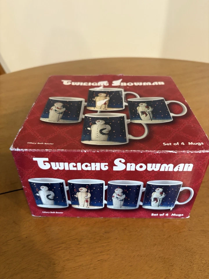 Certified International TWILIGHT SNOWMAN 12oz Mug Set 4Pc Blue Mary Baxter - Image 1 of 4