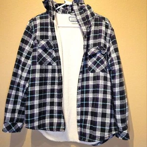 Boston Traders Plaid Button Down Hooded Fleece Flannel Size Medium Purple Black - Bild 1 von 5