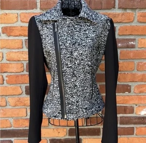 Tahari Black & White Boucle Moto Jacket Size 4 EUC - Picture 1 of 15
