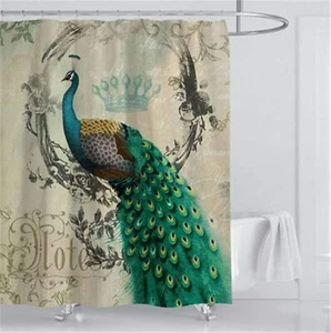 Peacock Feathers Flower Vine Vintage Fabric Shower Curtain Sets Waterproof Hooks - Picture 1 of 4