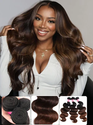 UNICE Ombre Marrón Cuerpo Onda Paquetes Extensiones Cabello Humano Tejidos con Raíces Oscuras Foto 1 de 4