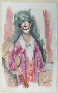 Aquarelle Originale Portrait Clown Guitare Cirque PIERRE ABADIE LANDEL 1970 - Foto 1 di 1
