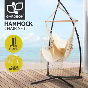 Gardeon Hammock Chair with Steel Stand Hanging Bed Outdoor Tassel Cream - Picture 1 of 9