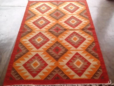 Turkish Kilim Hand Woven Oushak Anatolian Baklava Geometric Style Rug 4x6 feet  - Image 1 of 2