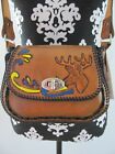 Vintage Boho Deer Tooled Brown Leather Braided detailing Flap Shoulder Bag Purse