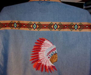 INDIAN  CHIEF  ( IN FULL FEATHERS ) DENIM SHIRT -NATIVE AMERICAN LOOKING