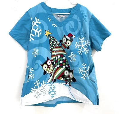 UA Cute Scrubs Top Christmas Tree Owls Snow Flakes Holiday Nurse Medical XL Teal - Image 1 of 4