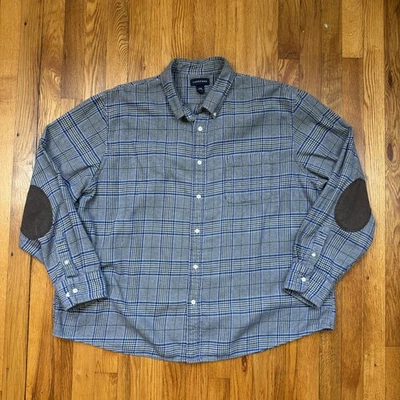 Lands End Plaid Flannel Shirt Mens 2XL Cotton Classic Elbow Patches Blue Gray - Image 1 of 4