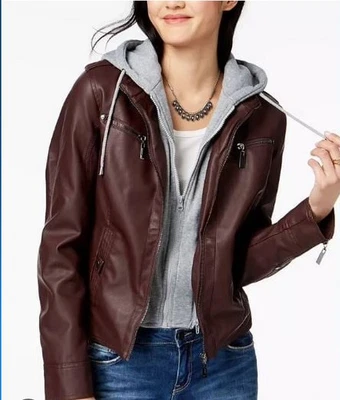 Jou Jou Juniors Hooded Vegan Leather Moto Jacket Removable Hoodie Warm In Size M - Image 1 of 4