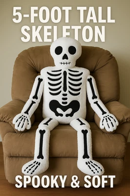 Nuevo Almacén 5 pies Esqueleto Cuerpo Almohada 30x60 Blanco Felpa Halloween Decoración Viral Foto 1 de 4