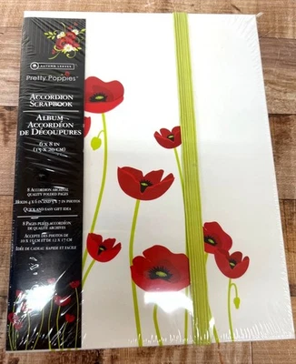 Álbum de recortes Pretty Poppies 6x8 acordeão branco vermelho verde design floral - Imagem 1 de 4