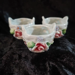3 Antique Germany Elfinware 2" Round Basket with Applied Flower Bouquet J - Picture 1 of 9