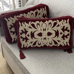 Velvet Satin Applique Pillow Burgundy & Champagne Pair Lumbar Ornate Boudoir VTG - Picture 1 of 21