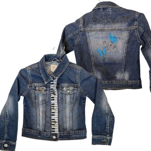 Upcycled Girls’ Denim Jean Jacket Painted Piano Keys Music Notes Butterflies - Picture 1 of 10