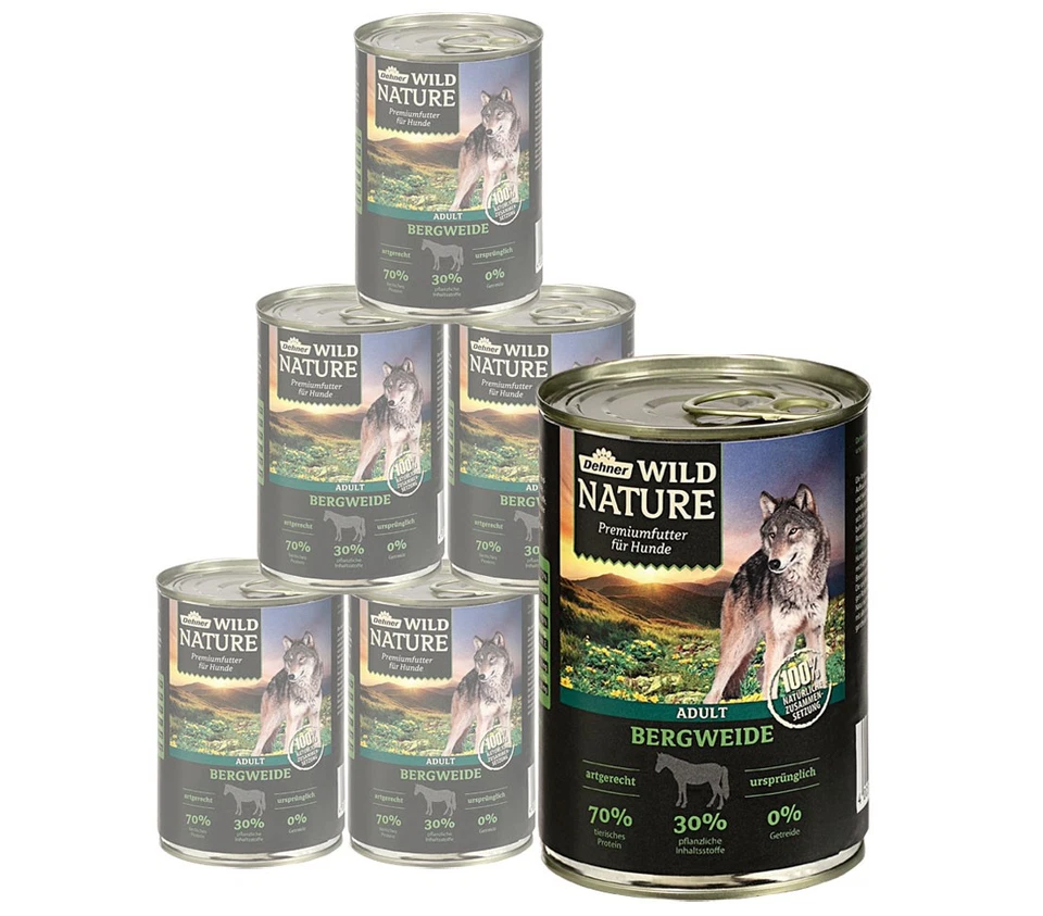 Hundefutter Nassfutter Bergweide Adult getreidefrei Pferd 6 x 400 g Dose, Dehner - Bild 1 von 4