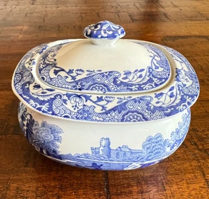 Spode Blue Italian Covered Sugar Bowl Box Lid White Made in England EUC - Picture 1 of 11