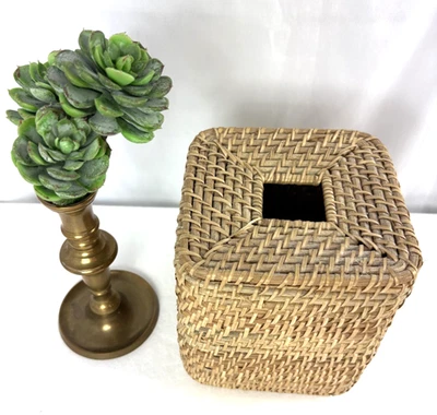 Caja de pañuelos de bambú de ratán cubierta cuadrada tejido de mimbre playa boho Foto 1 de 4