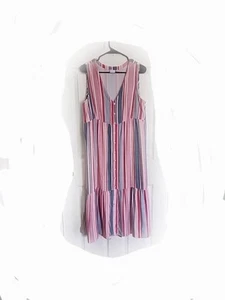 New Directions Women's Sleeveless Dress Size L Pink Blue Chambray Strip - Picture 1 of 6