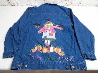 VTG Quacker Factory Denim Jacket Womens M Scarecrow Pumpkin Fall Embroidered - Image 1 of 4