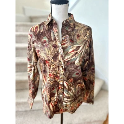 Vintage Ralph Lauren Brown Peacock Feather Print Button Down Shirt - Image 1 of 4