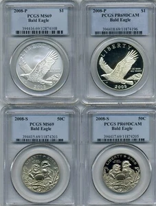2008 Bald Eagle - Dollars $1 and Half Dollars 50c - PCGS PR69DCAM and MS69 - Picture 1 of 9