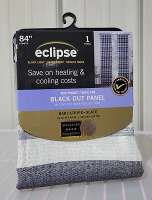 Eclipse Blackout Bari 蓝灰色条纹单热窗帘面板 52 x 84 — 第 1/4 张图片