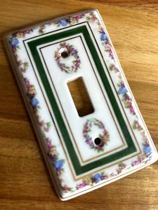 VTG French Light Switch Plate Porcelain Green Bkg Rosebuds WATCH VIDEO CLIP HERE - Picture 1 of 4