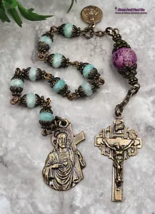 Herz Jesu trägt das Kreuz Hl. Therese Amazonit Bronze Rosenkranz - Bild 1 von 4