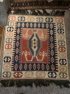 Vintage Handmade Turkish Tribal Wool Rug~Flat Weave~3.3”x4.3”~Kilim~Boho - Picture 1 of 19