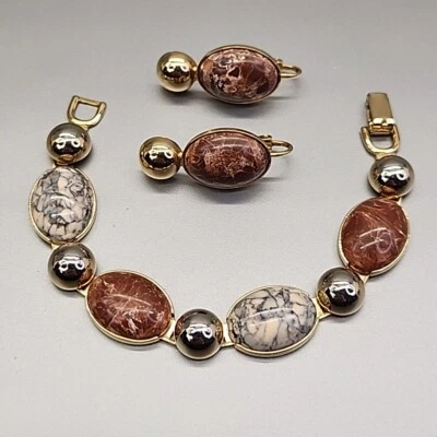 Vintage Emmons Bracelet Clip Earrings Set Faux Stone Linked Gold Tone - Image 1 of 4